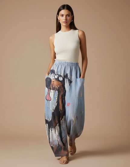 Pantalon Baggy Bleu Imprimé Chien Ample Décontracté Femme - Jean