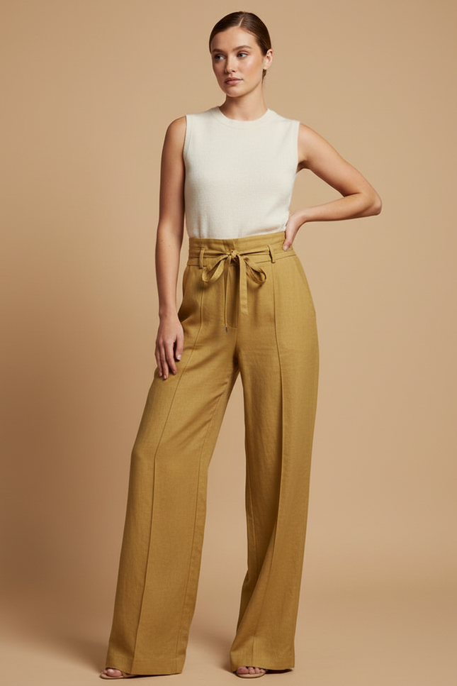 Pantalon Baggy Kaki Lin Fluide Taille Haute Élégant