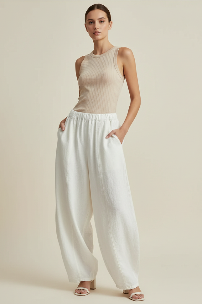 Pantalon Baggy Blanc Lin Ample Élastique Femme