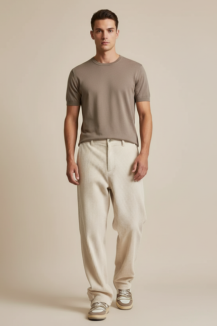 Pantalon Baggy Côtelé Ample Décontracté Beige Homme - Cordé