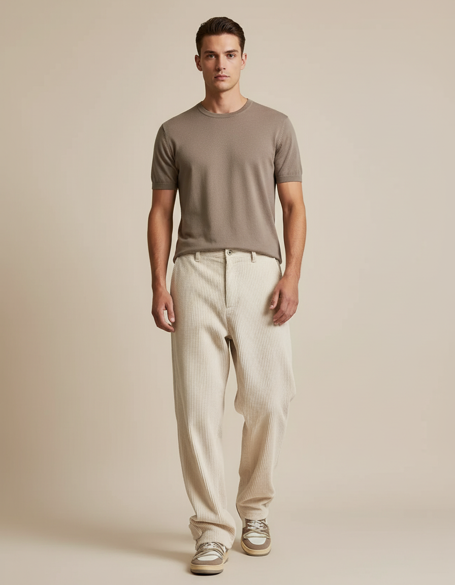 Pantalon Baggy Côtelé Ample Décontracté Beige Homme - Cordé