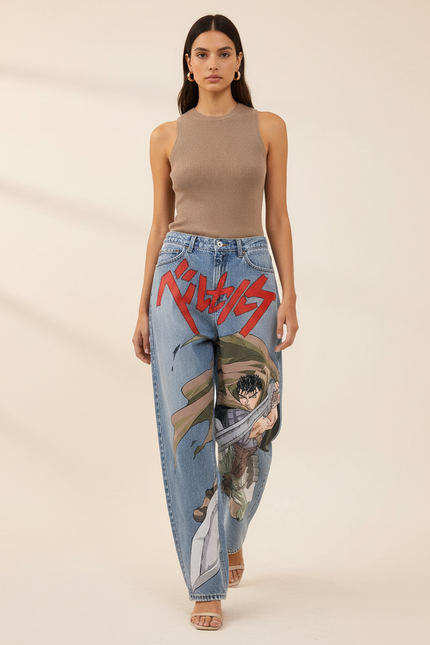 Pantalon Baggy Jean Clair Ample Manga Imprimé Rouge - Bleu