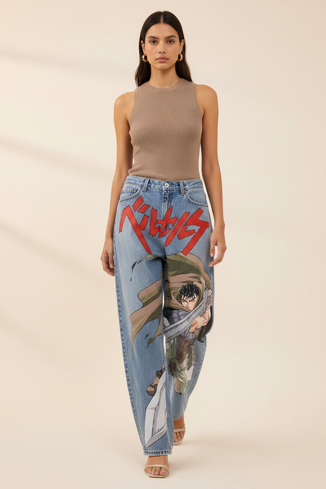 Pantalon Baggy Jean Clair Ample Manga Imprimé Rouge - Bleu