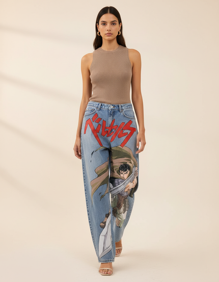 Pantalon Baggy Jean Clair Ample Manga Imprimé Rouge - Bleu