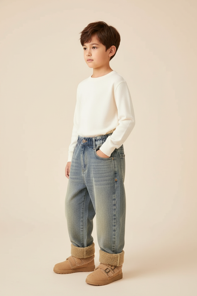 Pantalon Baggy Jean Bleu Hiver Doublé Polaire Enfant