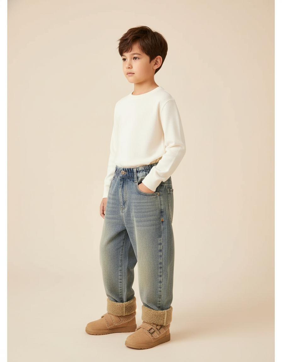 Pantalon Baggy Jean Bleu Hiver Doublé Polaire Enfant