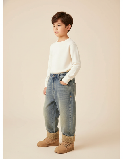 Pantalon Baggy Jean Bleu Hiver Doublé Polaire Enfant