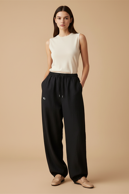 Pantalon Baggy Noir Ample Cordon Brodé Décontracté - Lin