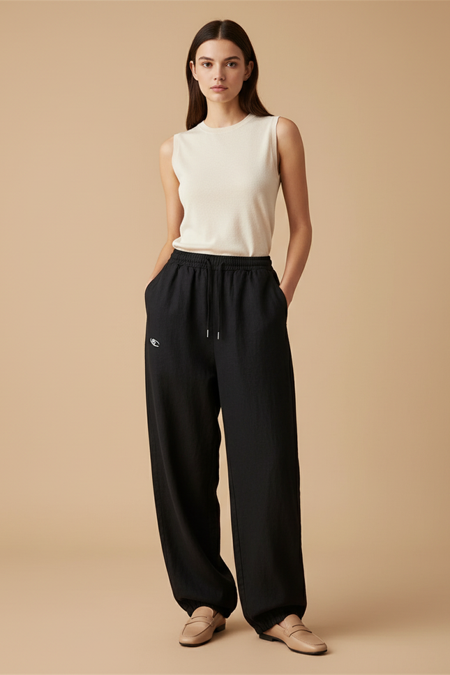 Pantalon Baggy Noir Ample Cordon Brodé Décontracté - Lin