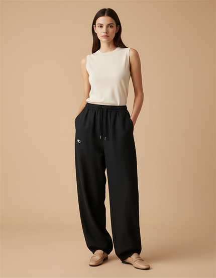 Pantalon Baggy Noir Ample Cordon Brodé Décontracté - Lin