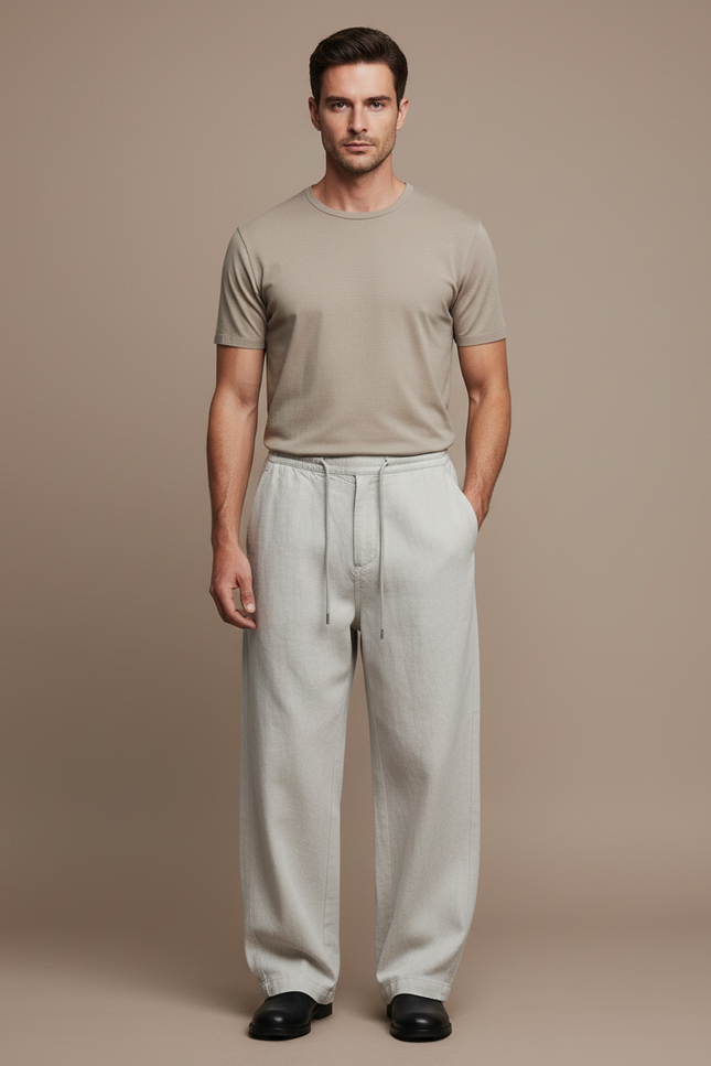 Pantalon Baggy Gris Clair Ample Décontracté Homme Cordon - Lin