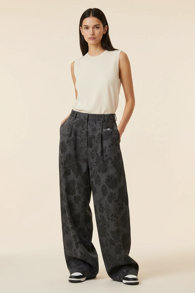 Pantalon Baggy Gris Imprimé Floral Ample Décontracté Femme - Polyester