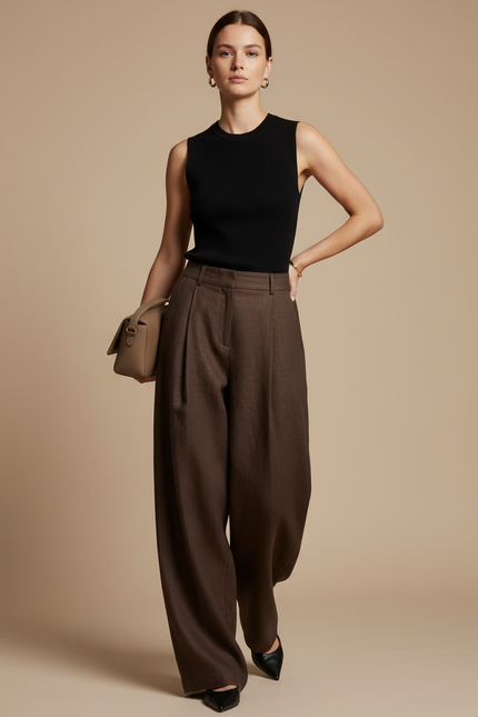 Pantalon Baggy Marron Ample Plissé Élégant Femme - Laine