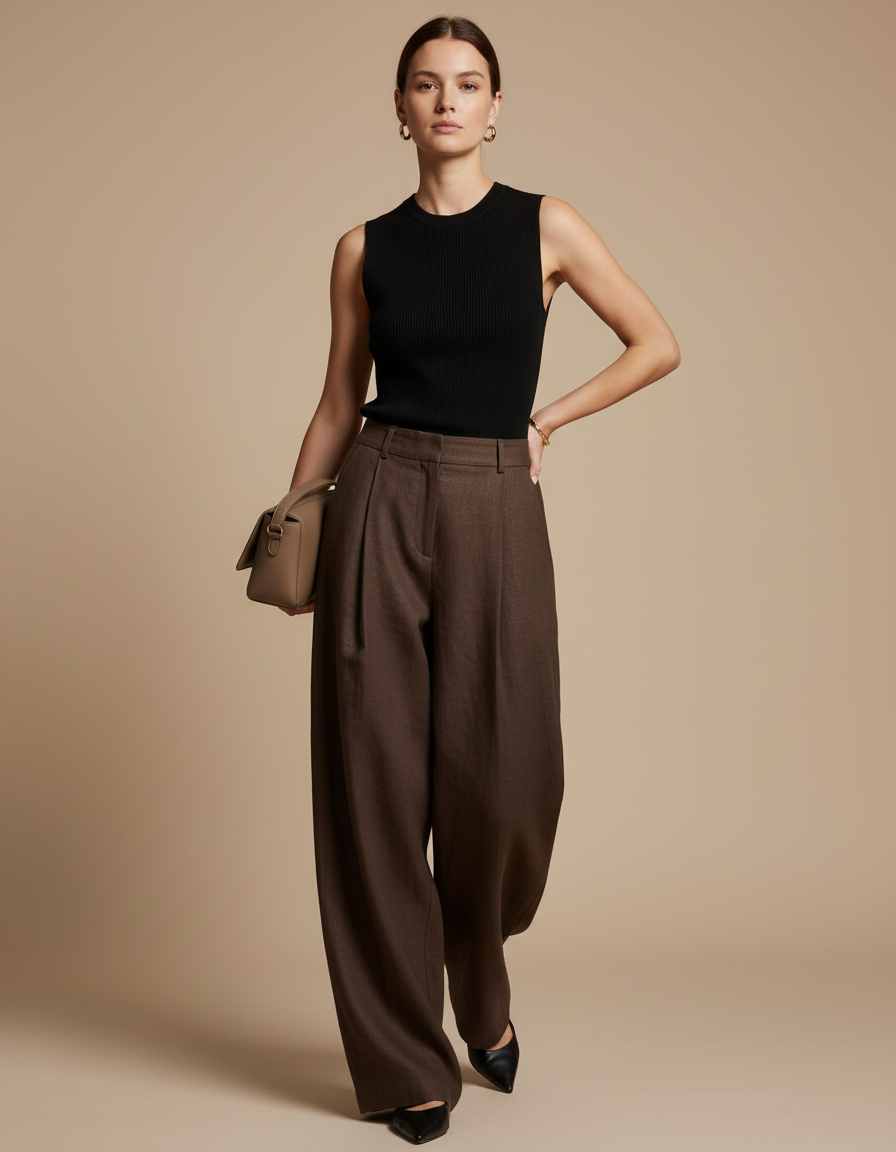Pantalon Baggy Marron Ample Plissé Élégant Femme - Laine
