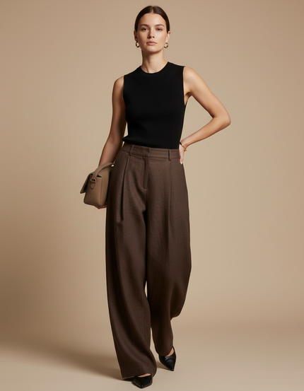Pantalon Baggy Marron Ample Plissé Élégant Femme - Laine