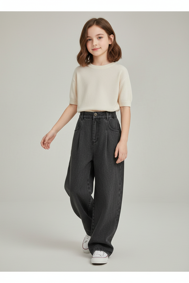 Pantalon Baggy Gris Foncé Ample Jean Fille