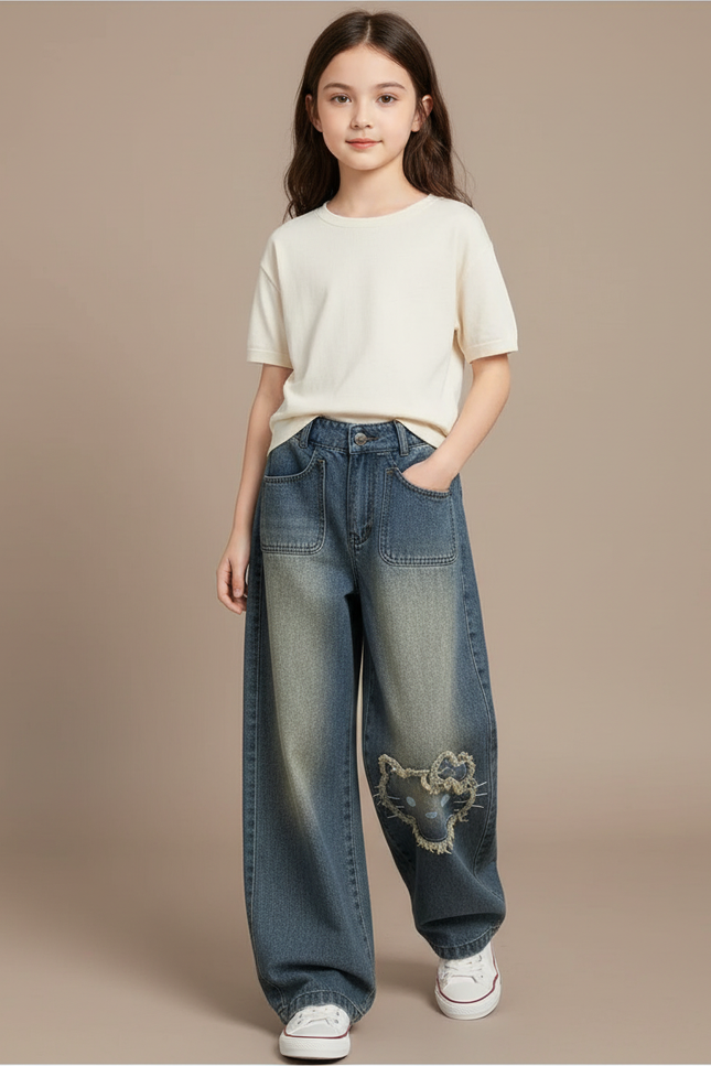 Pantalon Baggy Jean Délavé Ample Imprimé Fille - Bleu