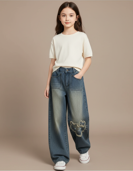 Pantalon Baggy Jean Délavé Ample Imprimé Fille - Bleu