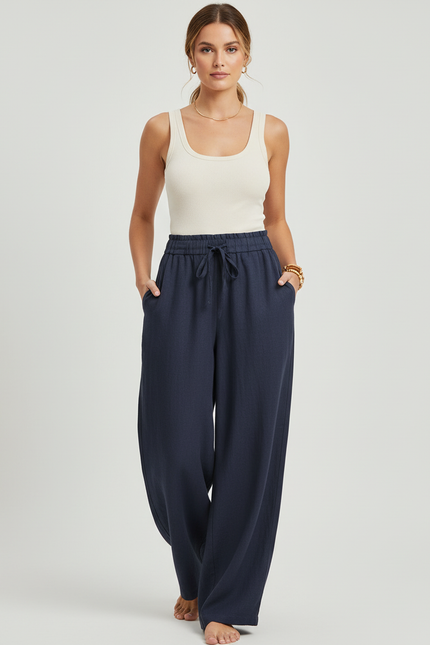 Pantalon Baggy Bleu Marine Lin Ample Fluide Cordon