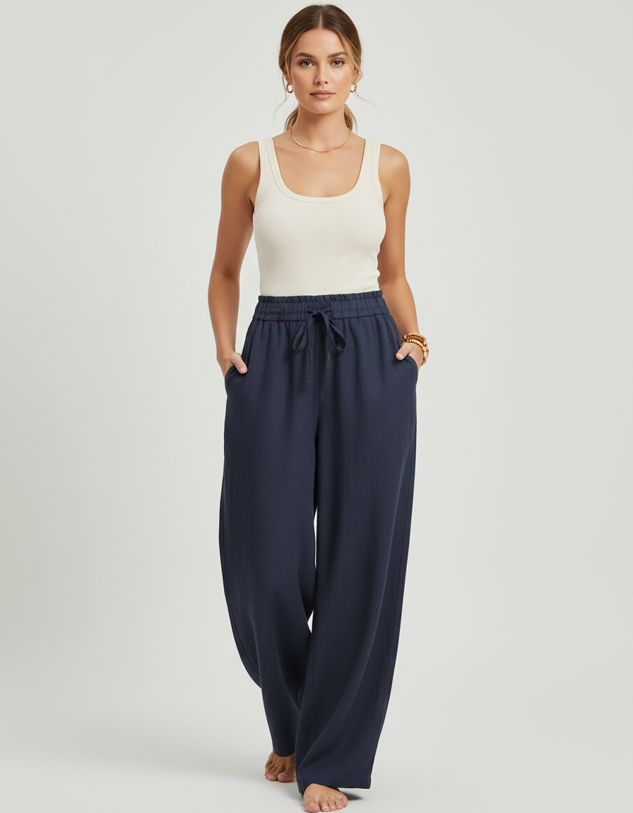 Pantalon Baggy Bleu Marine Lin Ample Fluide Cordon