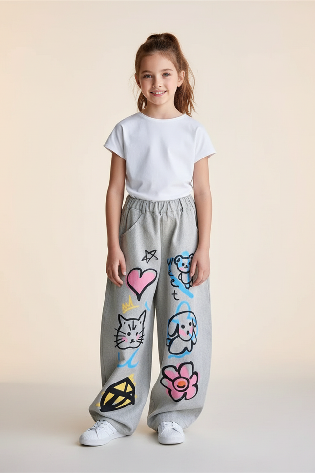 Pantalon Baggy Gris Coton Ample Dessins Enfant - Molleton