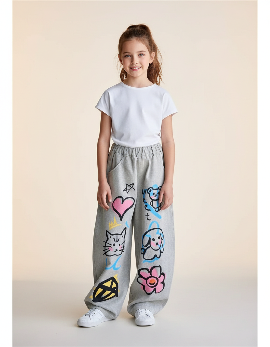 Pantalon Baggy Gris Coton Ample Dessins Enfant - Molleton