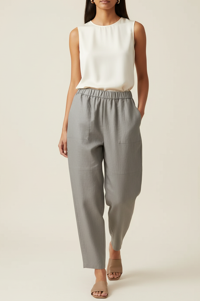 Pantalon Baggy Gris Ample Taille Élastique Femme - Lin