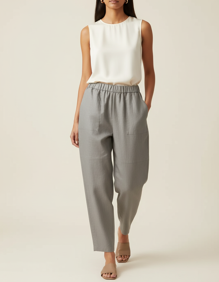 Pantalon Baggy Gris Ample Taille Élastique Femme - Lin