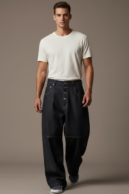 Pantalon Baggy Jean Denim Ample Boutonné Noir Homme