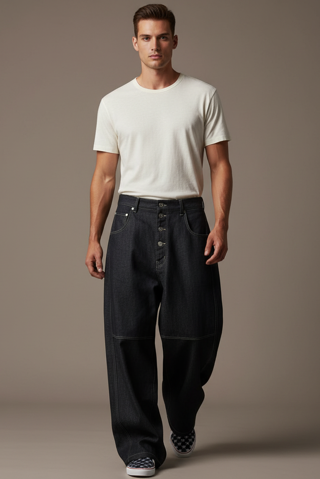 Pantalon Baggy Jean Denim Ample Boutonné Noir Homme