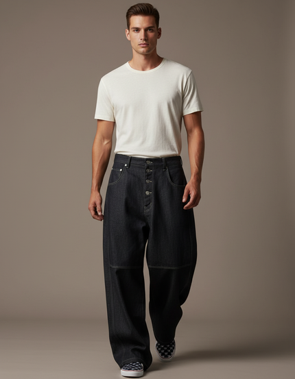 Pantalon Baggy Jean Denim Ample Boutonné Noir Homme