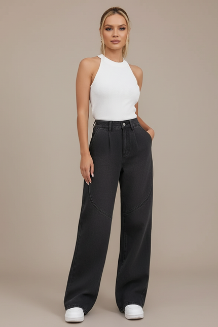 Pantalon Baggy Gris Délavé Ample Patchwork Décontracté - Jean