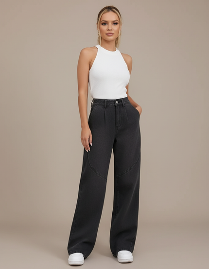 Pantalon Baggy Gris Délavé Ample Patchwork Décontracté - Jean