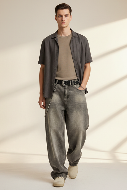 Pantalon Baggy Denim Gris Délavé Ample Homme - Jean