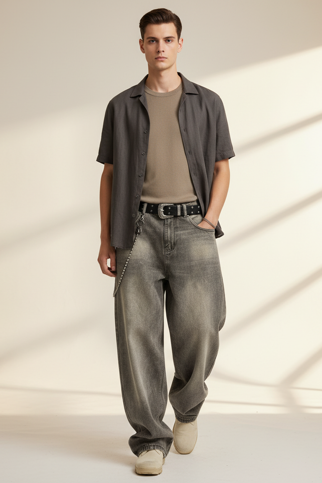 Pantalon Baggy Denim Gris Délavé Ample Homme - Jean