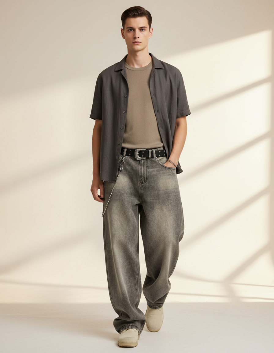 Pantalon Baggy Denim Gris Délavé Ample Homme - Jean