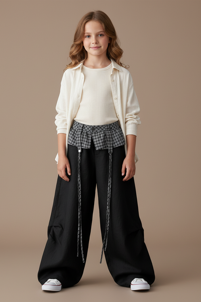 Pantalon Baggy Noir Ample Plaid Fille - Toile