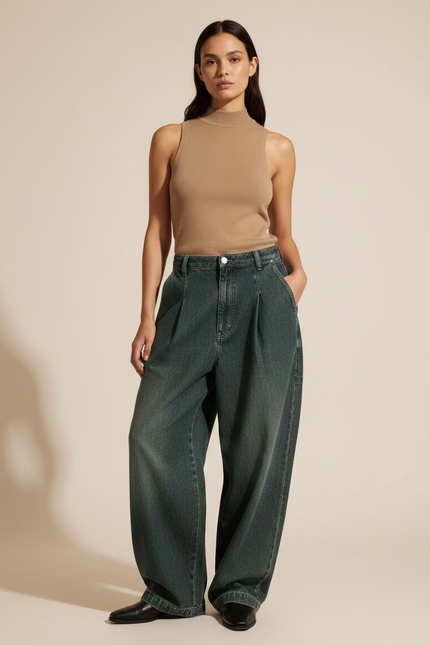 Pantalon Baggy Vert Ample Plissé Taille Haute - Jean