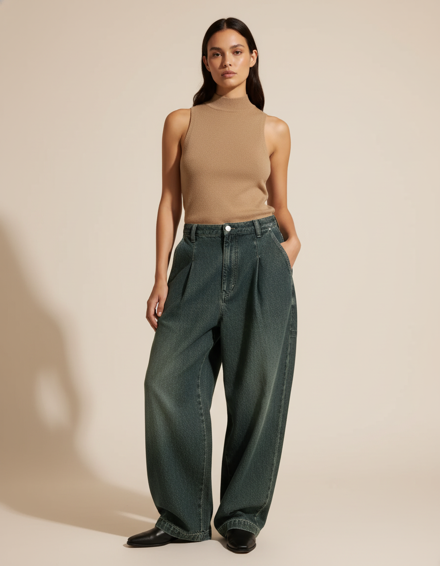Pantalon Baggy Vert Ample Plissé Taille Haute - Jean