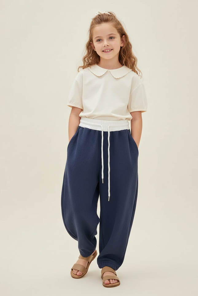 Pantalon Baggy Bleu Marine Ample Décontracté Cordon Enfant - Molleton
