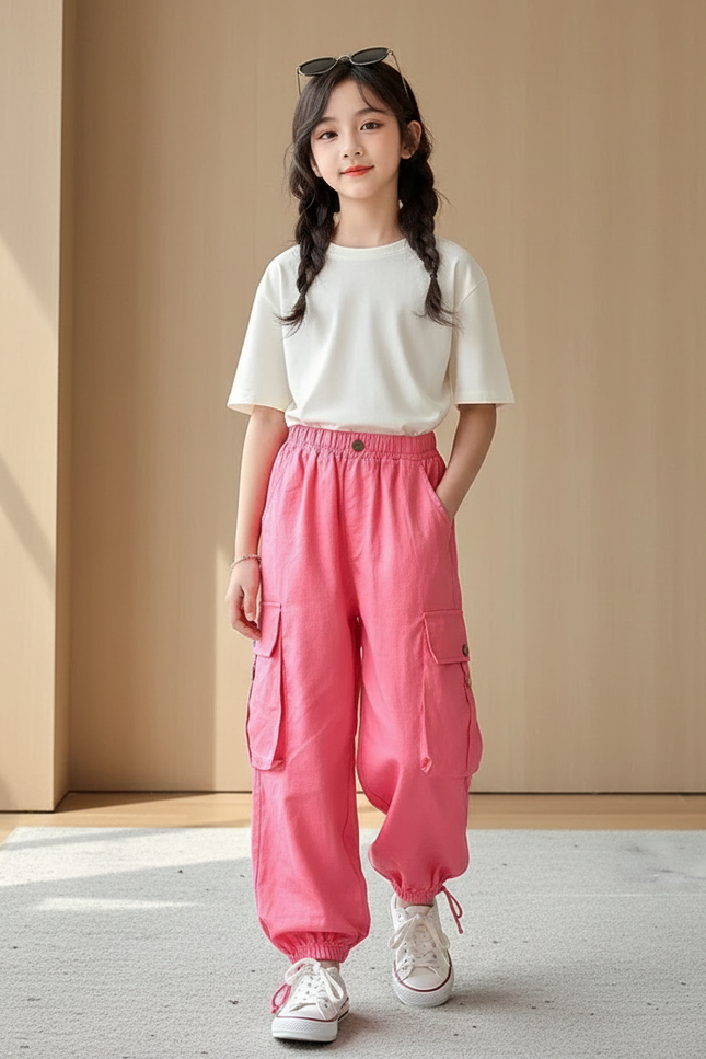 Pantalon Baggy Rose Cargo Ample Enfants Cordon - Lin