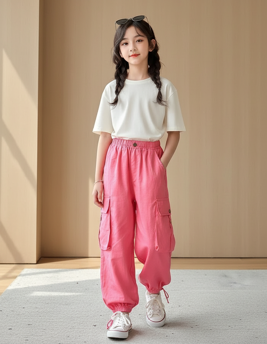 Pantalon Baggy Rose Cargo Ample Enfants Cordon - Lin