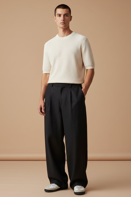 Pantalon Baggy Noir Ample Plissé Homme Élégant - Lin
