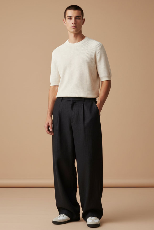 Pantalon Baggy Noir Ample Plissé Homme Élégant - Lin