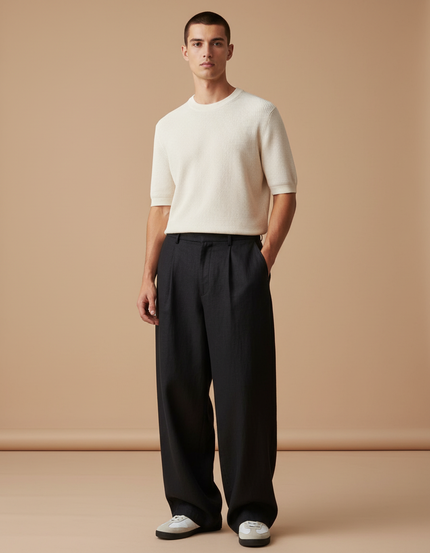 Pantalon Baggy Noir Ample Plissé Homme Élégant - Lin