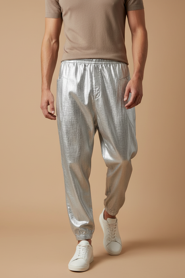 Pantalon Baggy Argent Métallique Ample Cordon Homme - Argenté Polyester