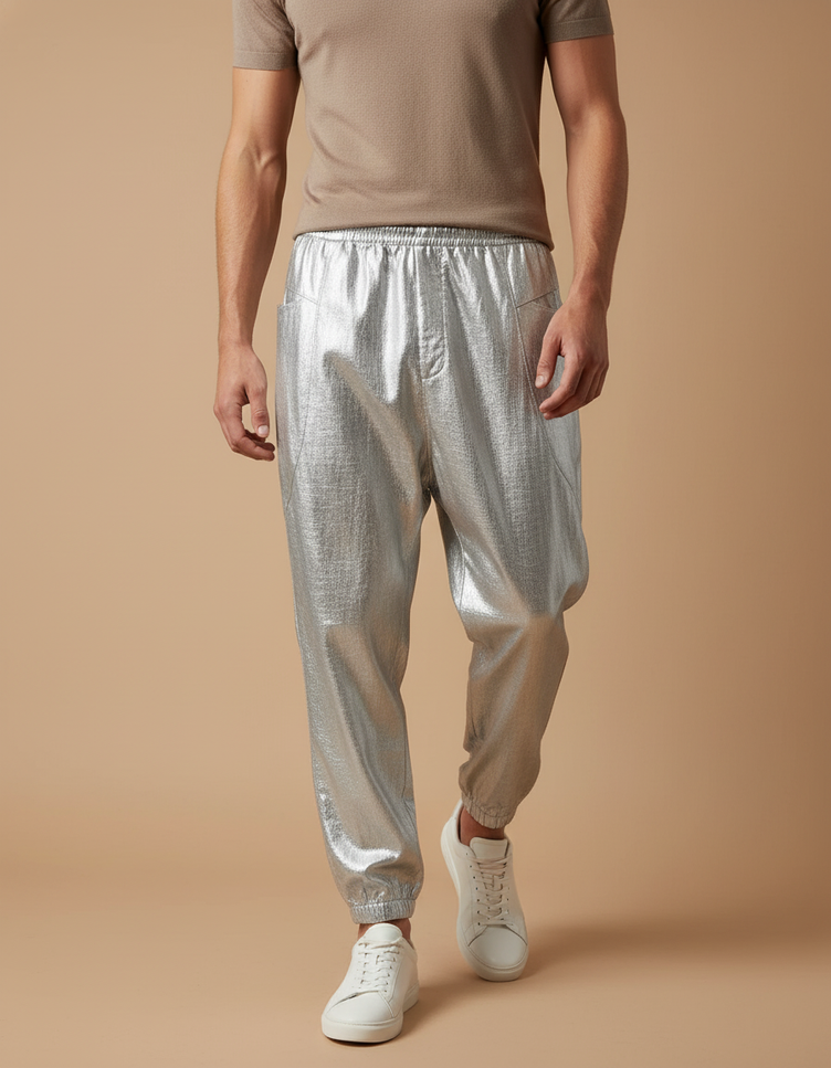 Pantalon Baggy Argent Métallique Ample Cordon Homme - Argenté Polyester