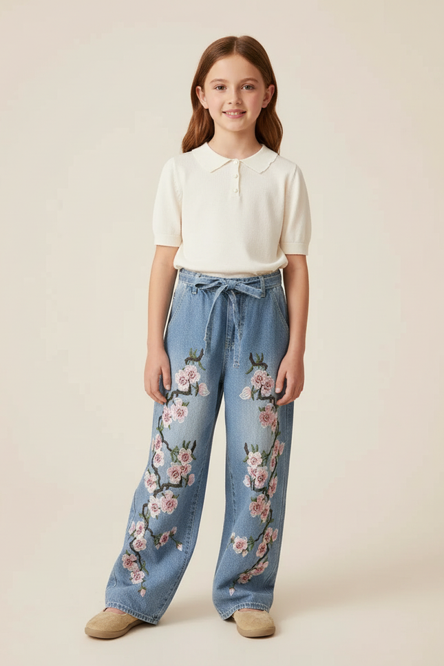 Pantalon Baggy Denim Brodé Fleuri Ample Enfant - Bleu Jean