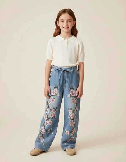 Pantalon Baggy Denim Brodé Fleuri Ample Enfant - Bleu Jean