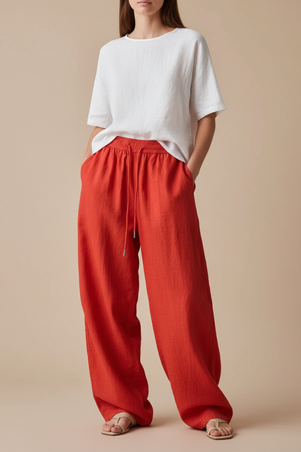 Pantalon Baggy Rouge Lin Fluide Ample Cordon